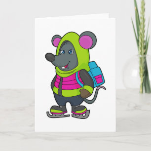 Cartão Rato no patinador com patins de gelo e mochila.pn