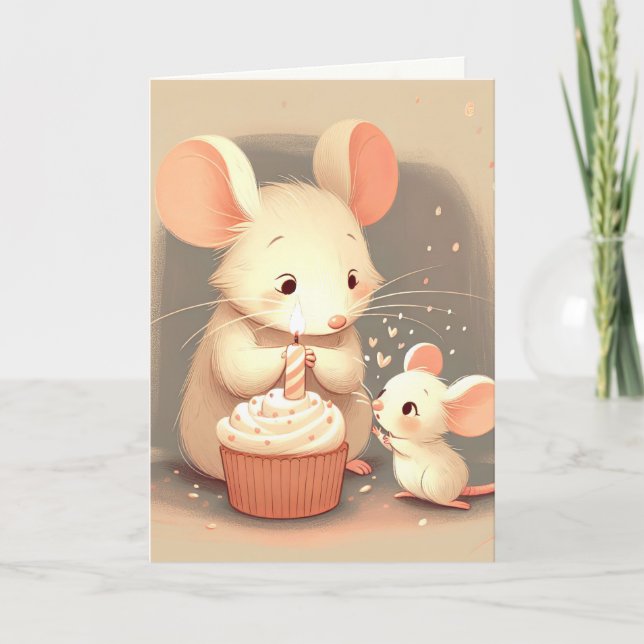 Cartão Ratos De Aniversário Com Cupcake (Frente)
