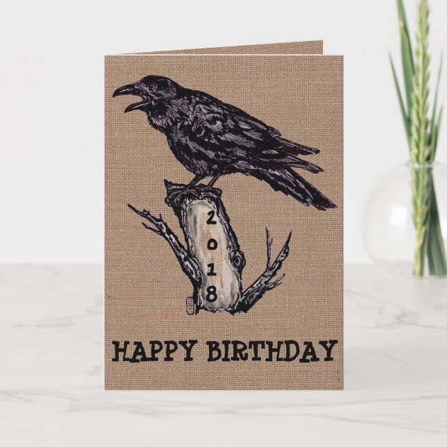 Cartão Raven Burlap Birthday Card Personalize, Data (Frente)