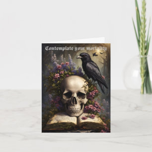 Cartão Raven Skull Book e Flores Gothic Birthday