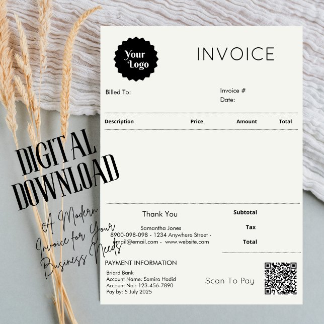 Cartão Recebimentos de vendas de fatura minimalistas Pequ (client invoice service invoice form business quotation scan to pay qr code, digital download)