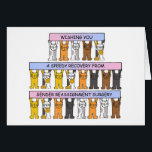 Cartão Recuperação rápida do reafectação do género<br><div class="desc">Uma equipe dos gatinhos dos desenhos animados de várias cores,  sustentando as bandeiras que mudam na cor do rosa pastel ao azul pastel. As bandeiras dizem o "desejo lhe de uma recuperação rápida da cirurgia do reafectação do género".</div>