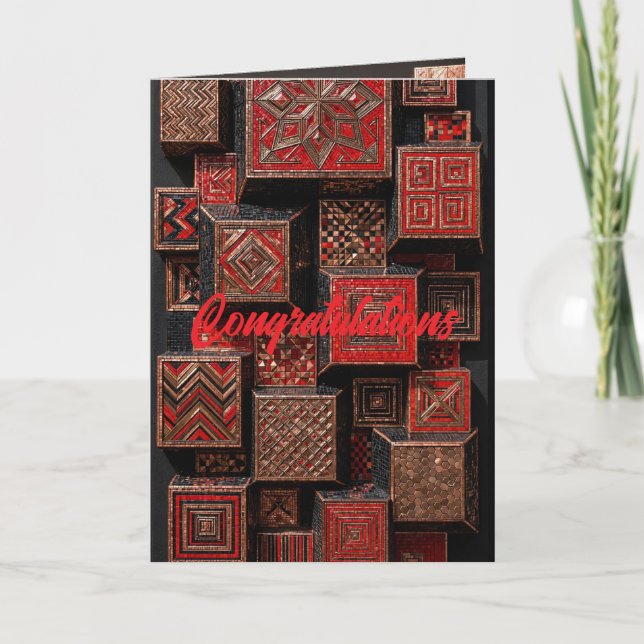 Cartão Red and Copper Geometric Mosaic - 3D Cubes (Frente)
