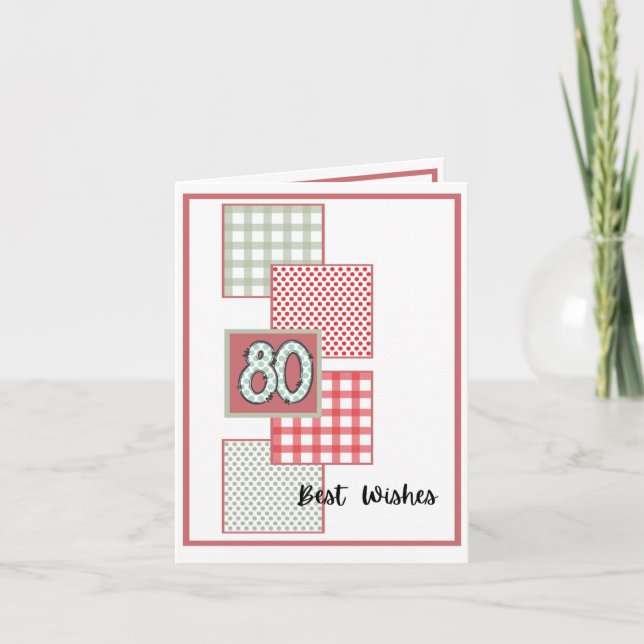Cartão Red and Sage Dots and Gingham - Aniversário de 80 (Frente)