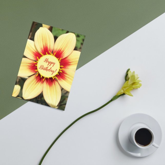 Cartão Red and Yellow Dahlia Floral Birthday (In Situ)