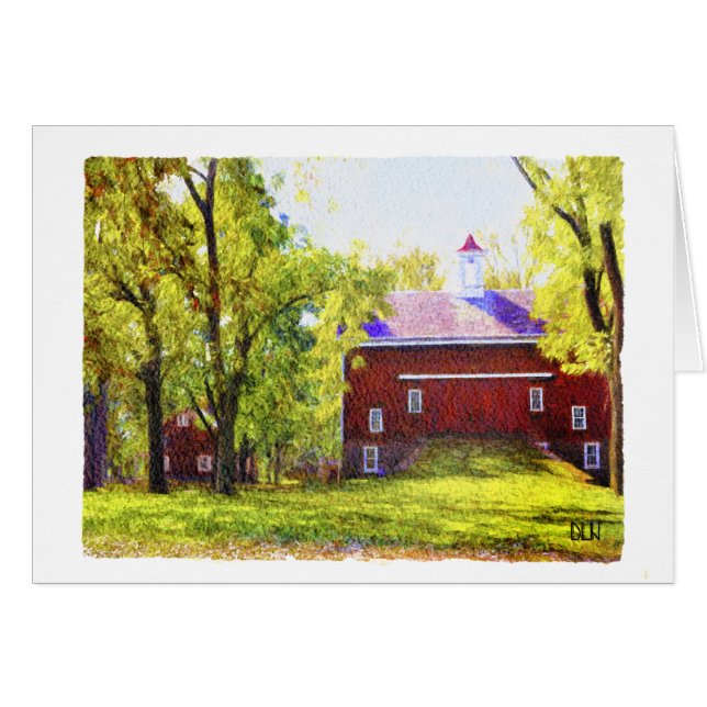 Cartão Red Barn/Landscape/Watercolor (Frente horizontal)