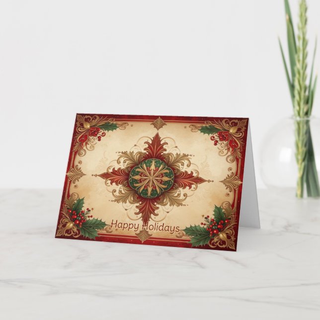 Cartão Red Decorative Holiday Card (Frente)