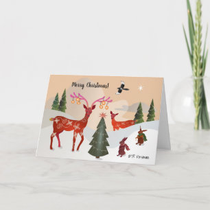 Cartão Red deer, bunnies, magpie Christmas