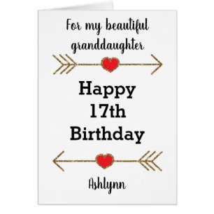 Cartão Red e Dourada Glitter 17º Aniversário neta