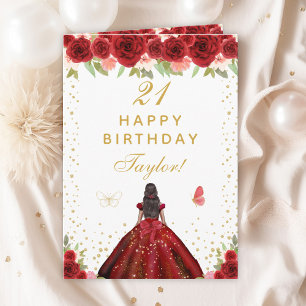 Cartão Red Floral Dark Skin Girl Happy Birthday