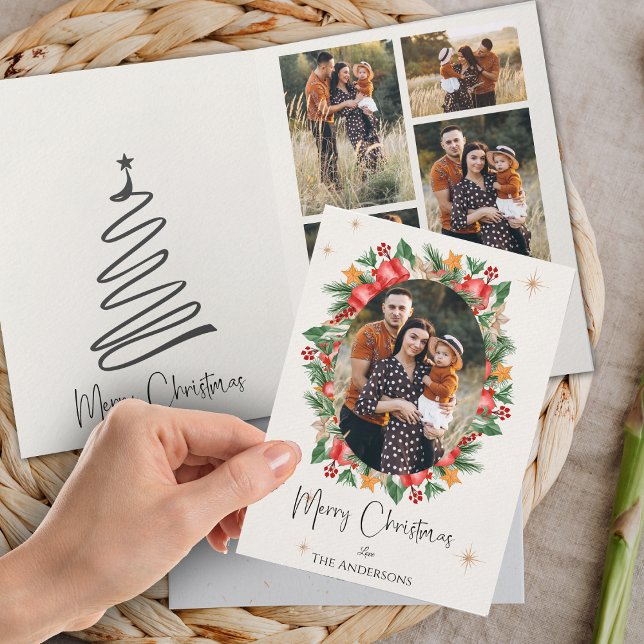 Cartão Red Florals Multi Family Photos Feliz Natal (Red Florals Multi Family Photos Merry Christmas Card)