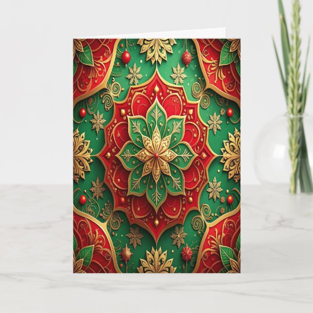 Cartão Red Green Gold Decorative Holiday Card (Frente)