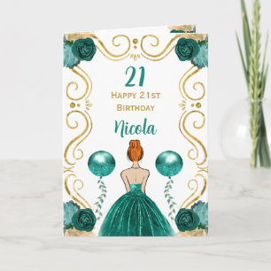 Cartão Red Hair Princesa Teal Feliz Aniversário