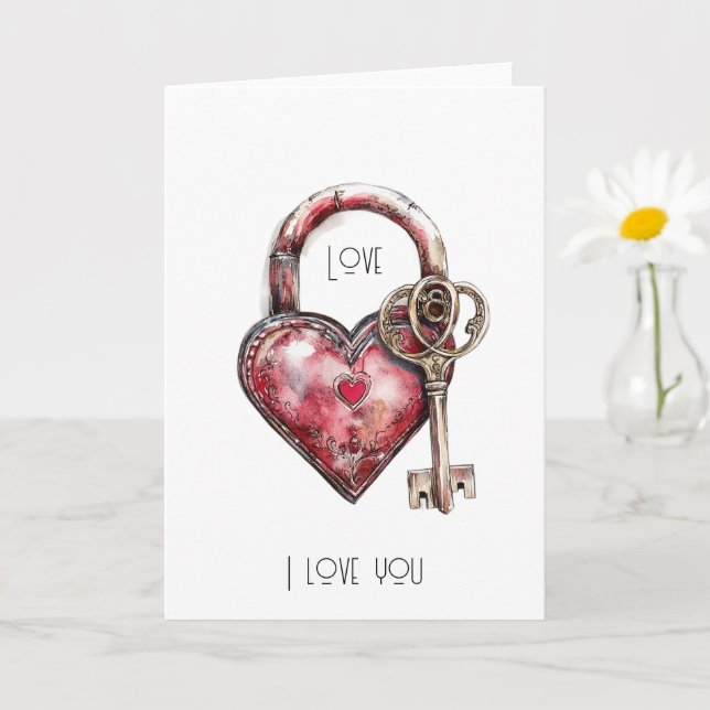 Cartão Red Heart Lock & Key Love (Planta pequena)