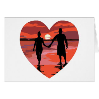 Cartão Red Heart Sunset Beach Segurando Mãos