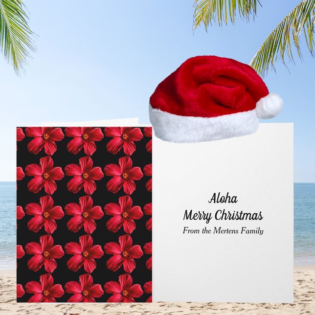 Cartão Red Hibiscus Flower Patterno Tropical Natal (Red Hibiscus Flower Pattern Tropical Christmas Card)