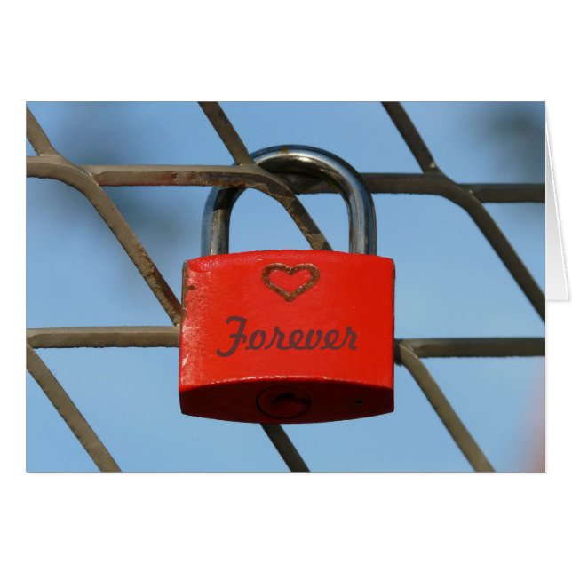 Cartão Red Love Lock com Heart on Fence, "Forever" (Frente Horizontal)