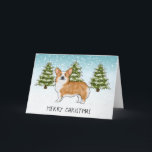 Cartão Red Pembroke Welsh Corgi Winter Felry Christmas<br><div class="desc">A ilustração original do desenho animado de Destei de um cão da raça Pembroke Welsh Corgi, de cor vermelha e branca, de casaco. O cão é colocado numa cena de inverno com três árvores de abeto verde e neve caindo. O fundo é um gradiente azul a branco que dá à...</div>