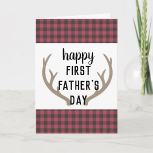 Cartão Red Plaid Antlers Rustic Happy First Father's Day