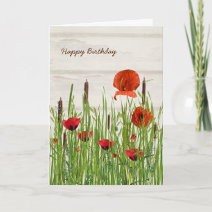 Cartão red poppies and cattails birthday