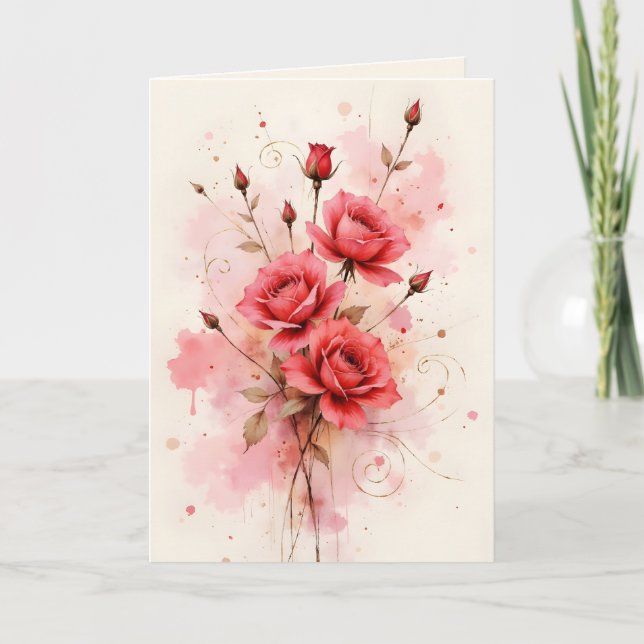 Cartão Red Roses Watercolor Anniversary Valentine's Day (Frente)