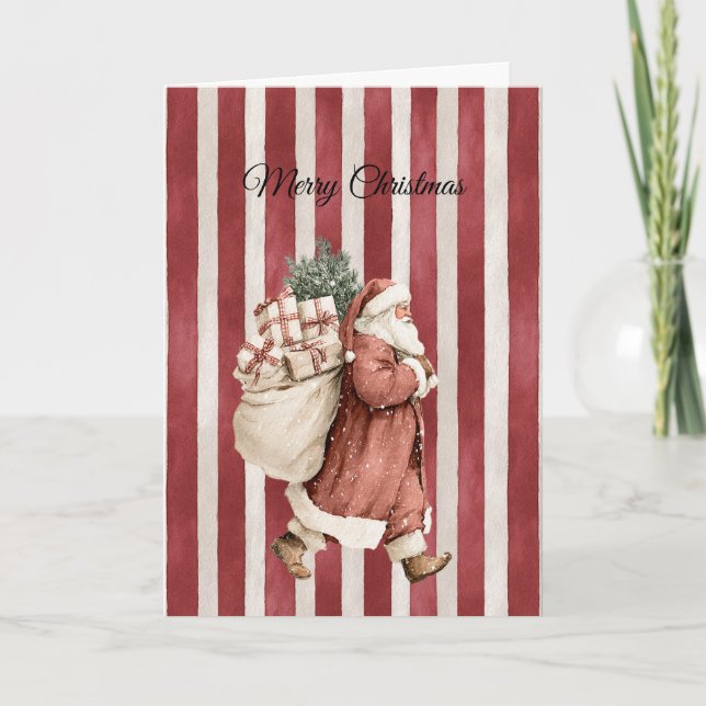 Cartão Red Stripes Christmas Santa Bag of Gifts (Frente)