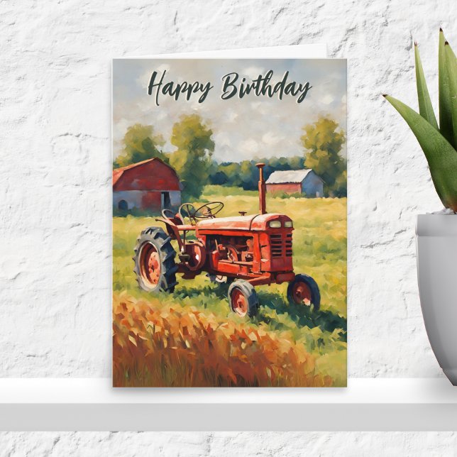 Cartão Red Trator Vintage Fazenda russa Parabéns (A birthday card picturing a vintage red farm tractor in a field, in a rustic style)
