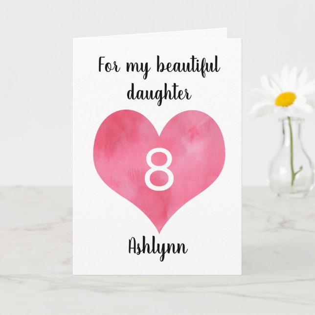 Cartão Red Watercolor Heart 8th Birthday Card (Planta pequena)