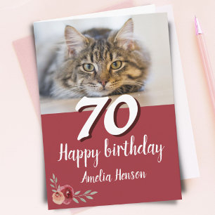 Cartão Red Watercolor Rosa Cat Photo 70 Birthday