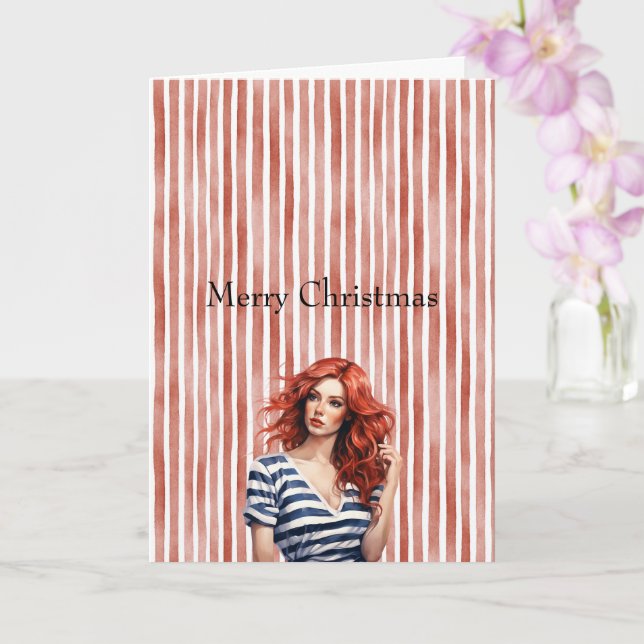 Cartão Red White Stripes Christmas Woman Red Hair (Orquídea)