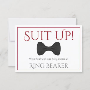 Cartão Red & White Suit Up Be My Ring Bearer Arco Tie