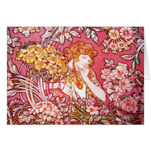 Cartão Redhead entre flores, Alphonse Mucha