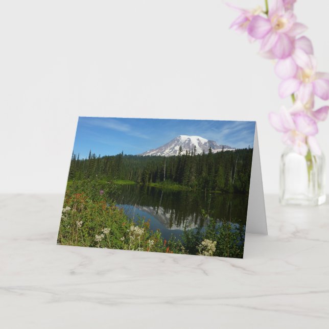Cartão Reflexo do Lago Monte Rainier com Flores Silvestre (Orquídea)