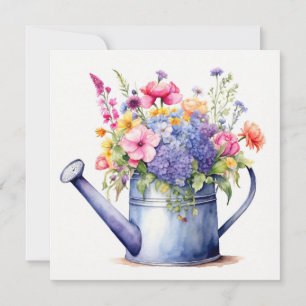 Cartão Regador de Aquarela e Flores de Verão 