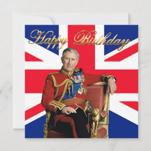 Cartão Rei Carlos III com bandeira britânica Parabéns