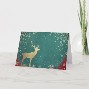 Cartão Reindeer de folha de ouro em queda de neve verde