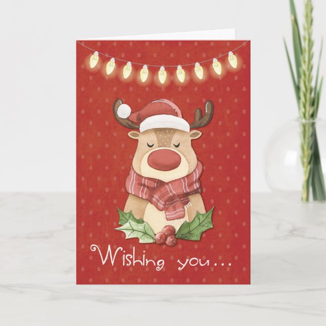 Cartão Reindeer de Natal nas Bolinhas Vermelhas (Frente)