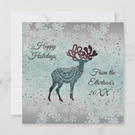 Cartão Reindeer Decorativo Flocos de Neve Glitter de Nata