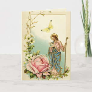 Cartão Religioso Vintage Jesus Bom Pastor Floral
