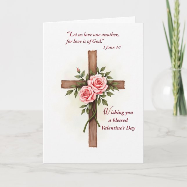 Cartão Religious Valentine’s Day Cross Roses Scripture (Frente)
