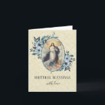 Cartão Religious Vintage Virgin Mary Floral Rosary<br><div class="desc">Featuring a lovely traditional religious image of the Assumption of the Blessed Virgin Mother.  The blue floral sprays are on each side of her.  All text and fonts may be modified.</div>