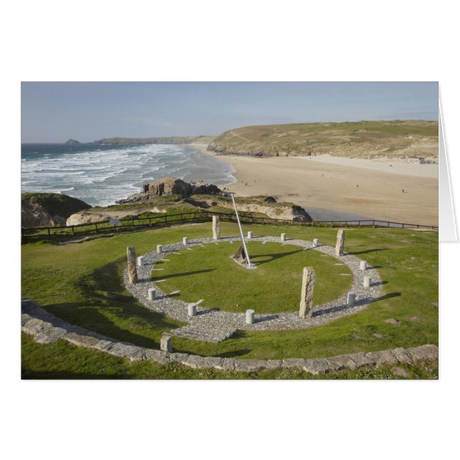 Cartão Relógio de sol e Praia de Perran, Perranporth, Cor (Frente Horizontal)