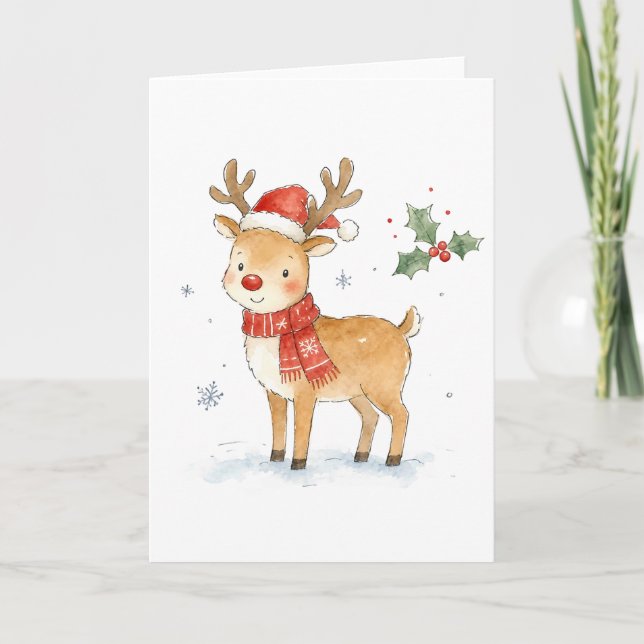 Cartão Rena com Nariz Vermelho e Cachecol para o Natal  (Frente)