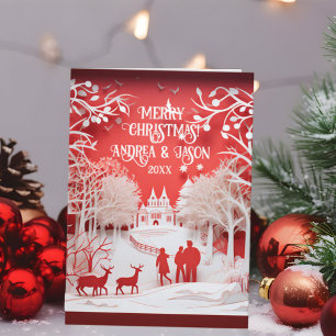 Cartão Renas 3D e Pessoas na Aldeia