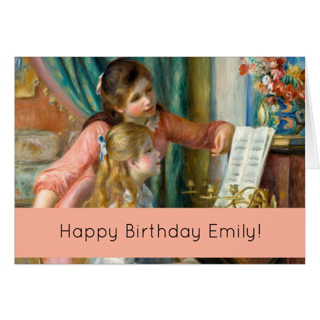 Cartão Renoir Girls no Piano Happy Birthday (Frente Horizontal)