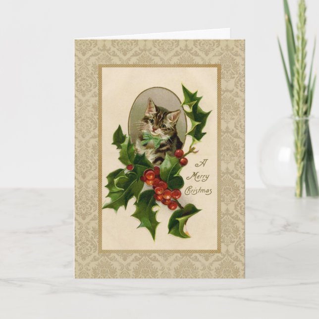 Cartão Reprodução de Vintage de Natal Holly Cat (Frente)