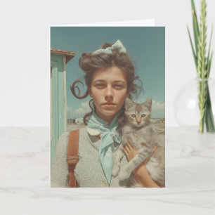 Cartão Retrato Antigo de Menina Segurando Gatito
