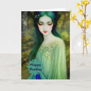 Cartão Retrato da Mulher Fantasia Elegante em Verde e Azu
