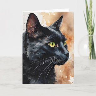 Cartão Retrato de Aquarela de Vazio Verde Gato Preto