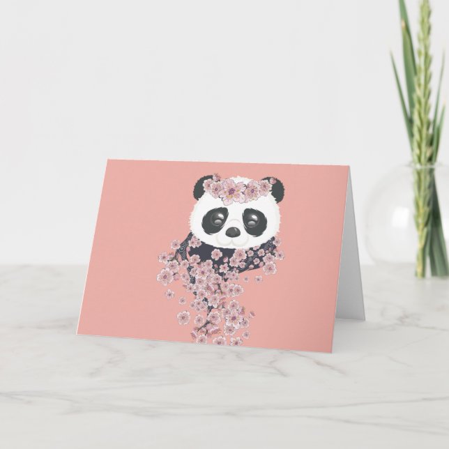 Cartão Retrato de desenho panda com flores de Sakura (Frente)